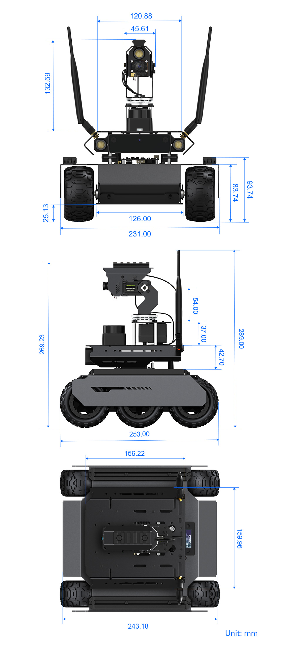 UGV Rover PT AI 机器人，六轮四驱开源移动机器人产品尺寸