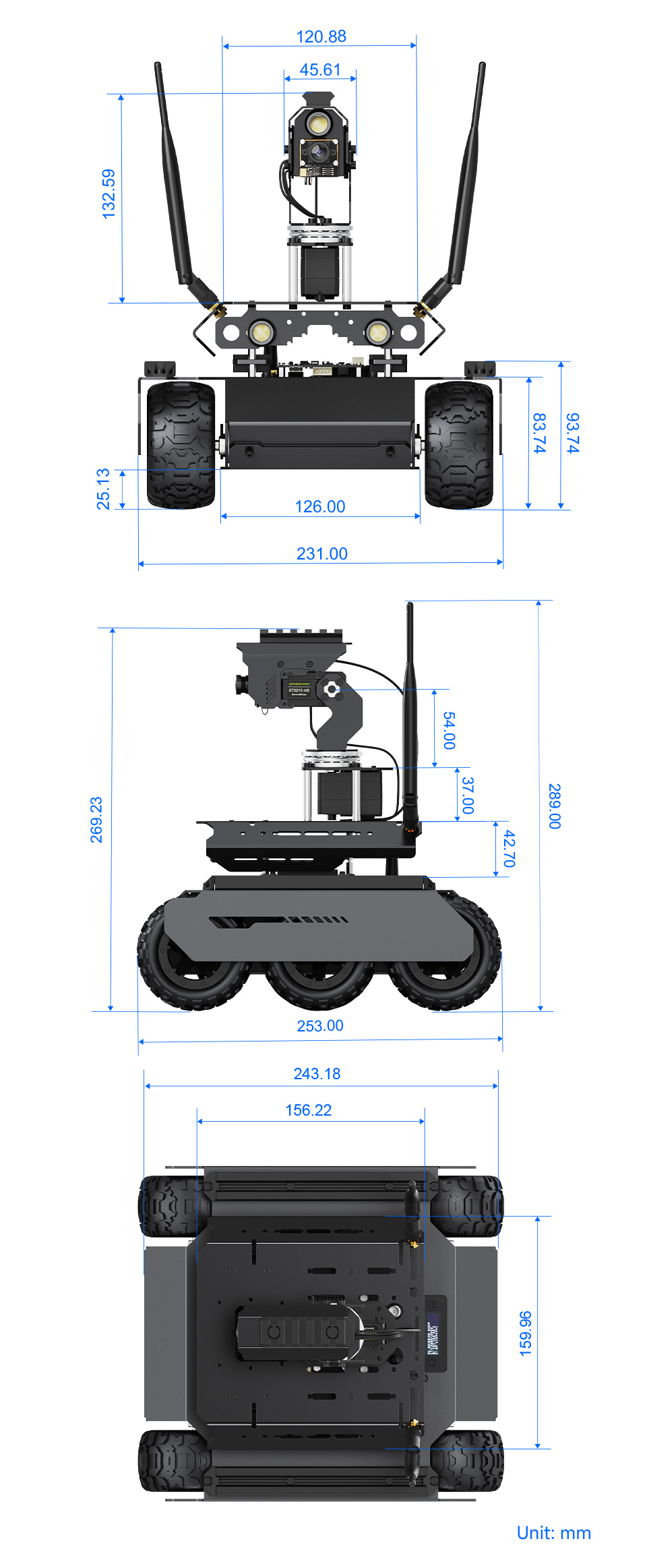 UGV Rover PT AI 机器人，六轮四驱开源移动机器人产品尺寸