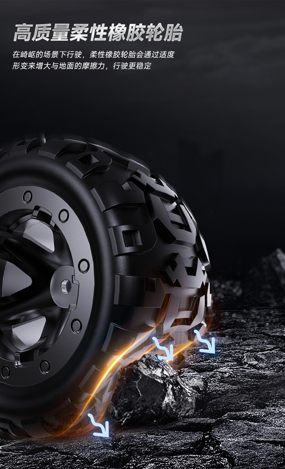 灵活可扩展型6×4越野UGV机器人高质量柔性橡胶轮胎压着石头的特写