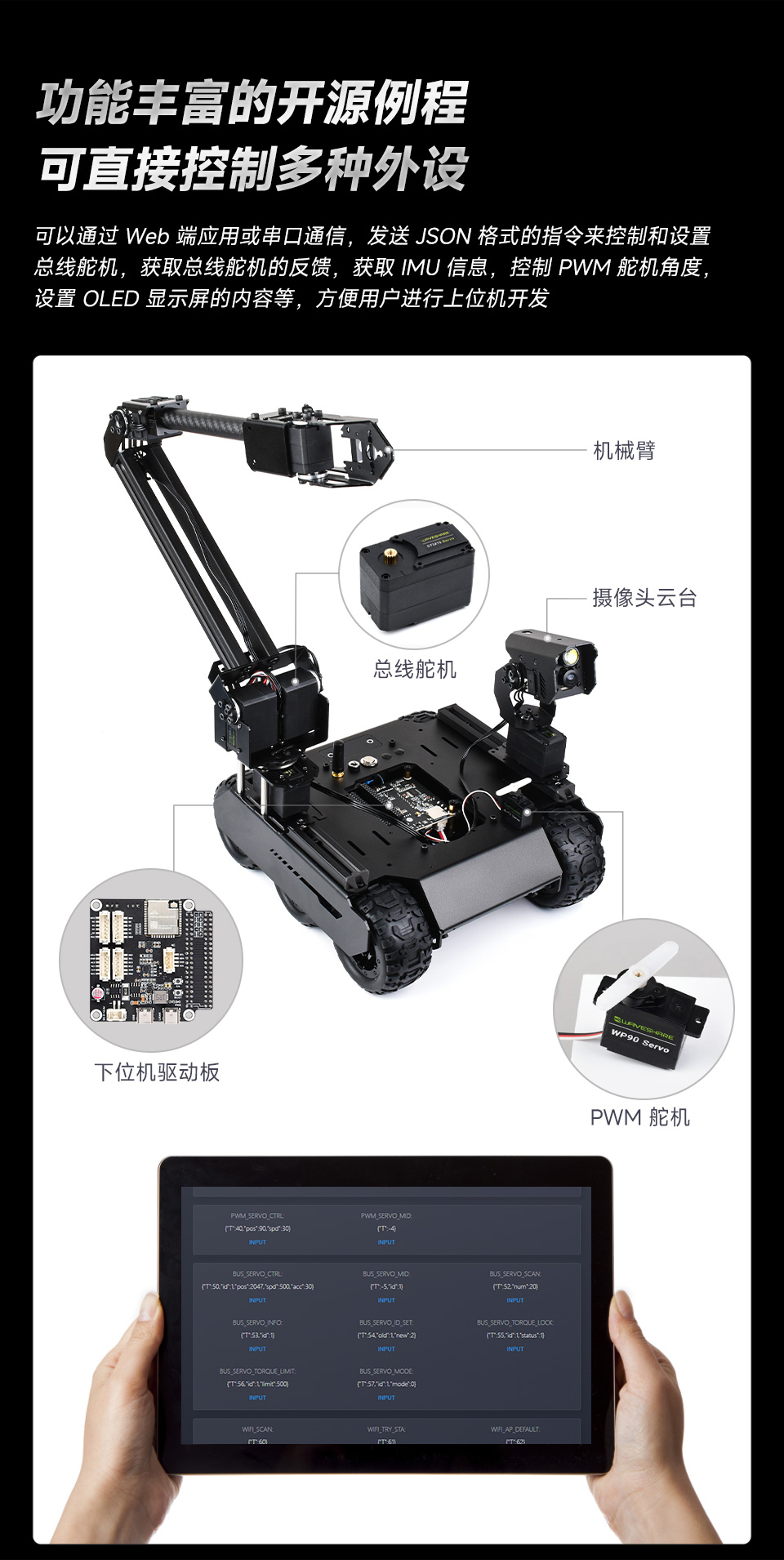 灵活可扩展型6×4越野UGV机器人外接机械臂、摄像头云台、产品线舵机、和PWM舵机的效果，并在ipad上展示反馈数据