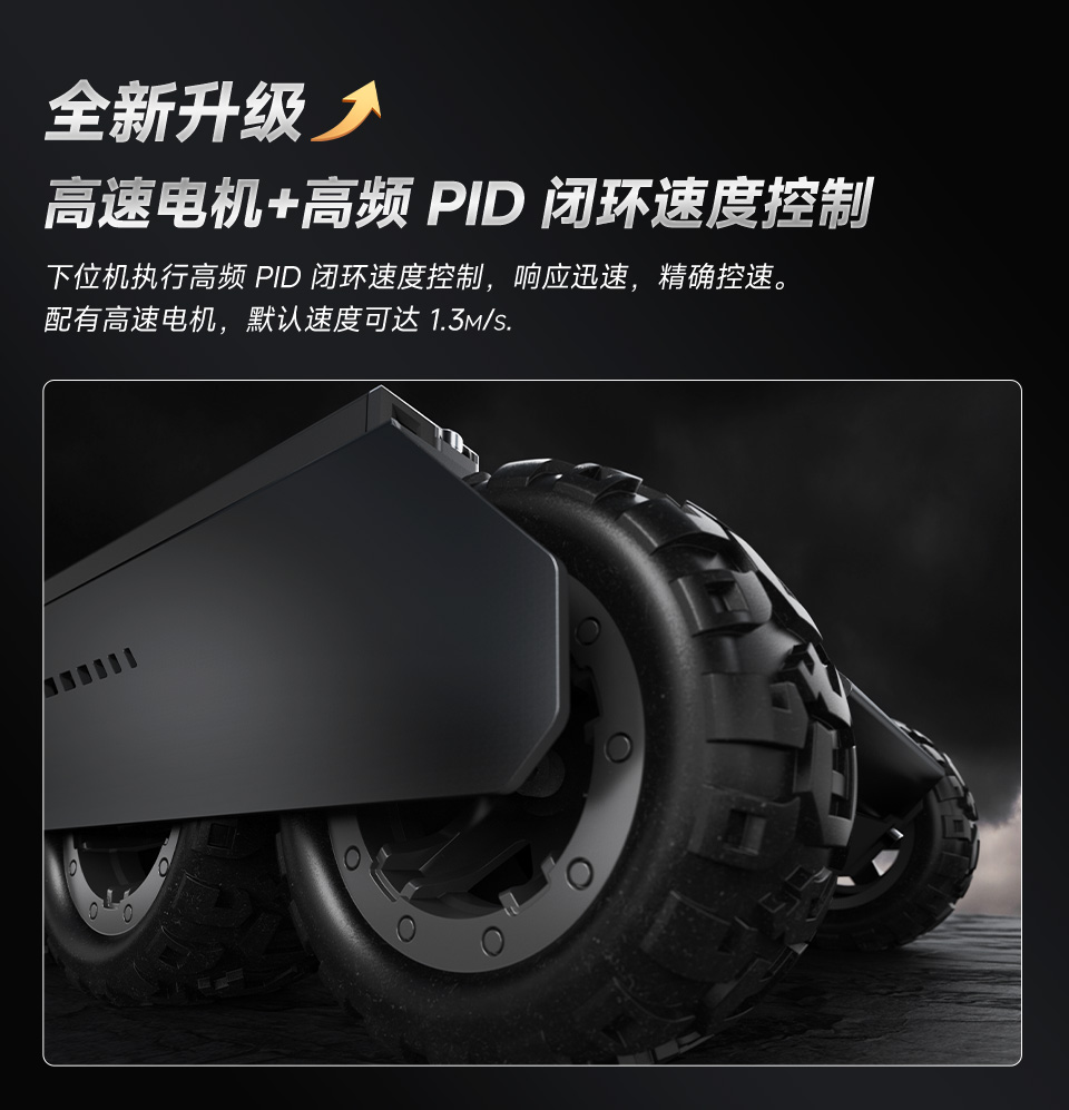 灵活可扩展型6×4越野UGV机器人在夜晚背景的前轮特写