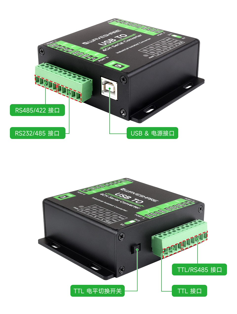 工业级 USB 转 4 路多功能串口接口简介