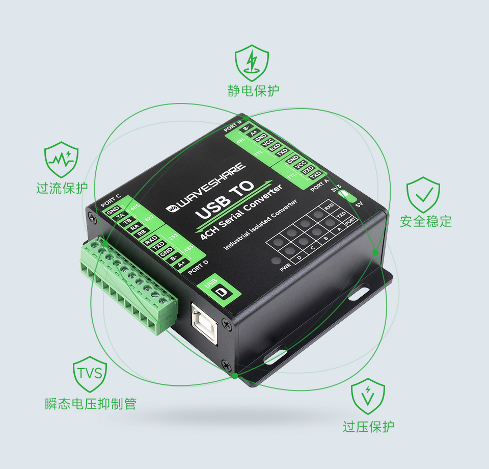工业级 USB 转 4 路多功能串口多重保护