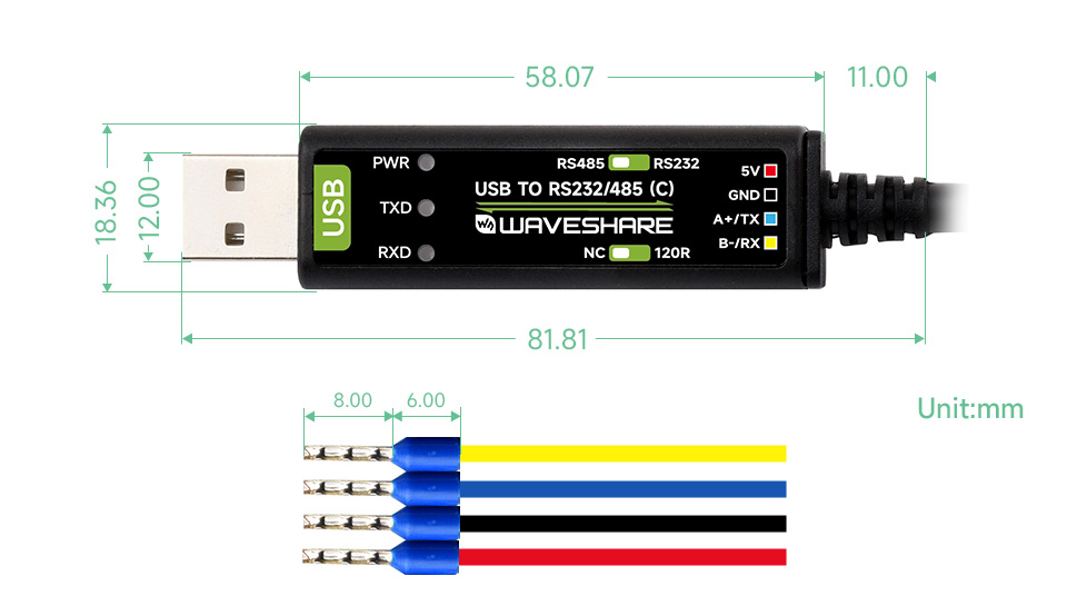 工业级 USB 转 232/485 串口线产品尺寸