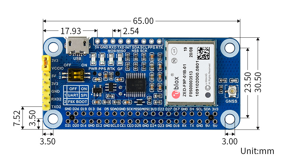 树莓派 Pico NB-IoT 扩展板产品尺寸