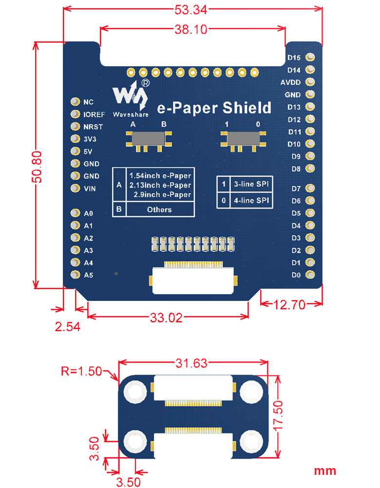 Arduino墨水屏驱动扩展板尺寸图