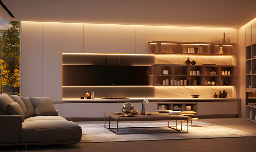 单色 COB 柔光灯带 客厅储物柜氛围照明展示效果