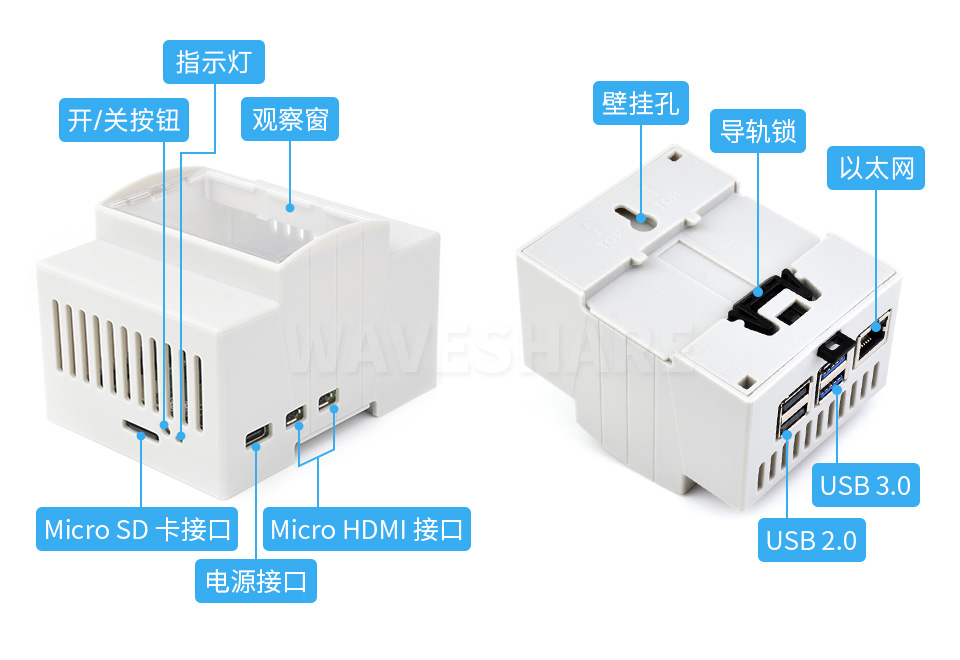树莓派 5 注塑导轨外壳外壳接口展示