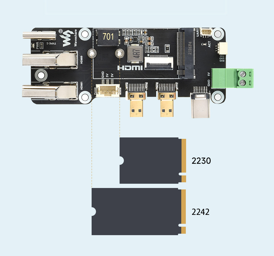 PCIe 转 M.2 多功能转接板，兼容 2230 / 2242 尺寸的 M.2 硬盘支持 Gen2 和 Gen3 模式，支持从 SSD 启动 PI5