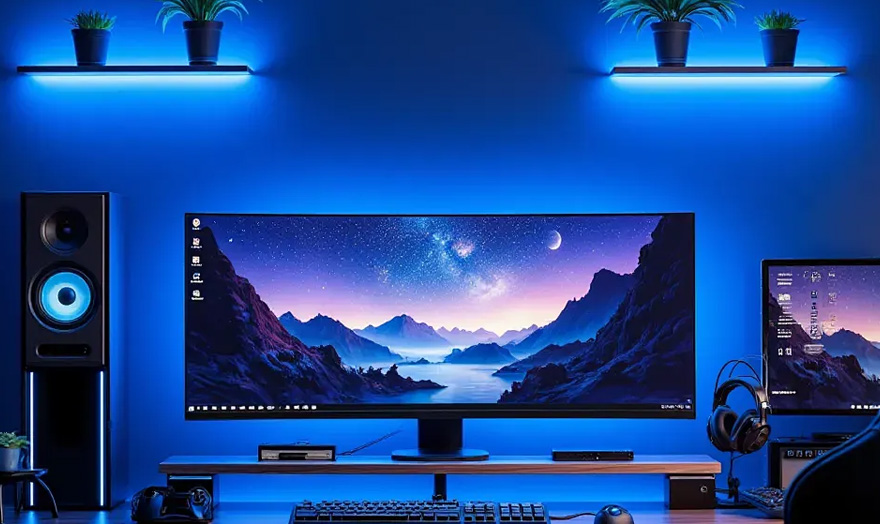 RGBWC 幻彩 COB 灯带 电竞桌面双屏氛围照明应用