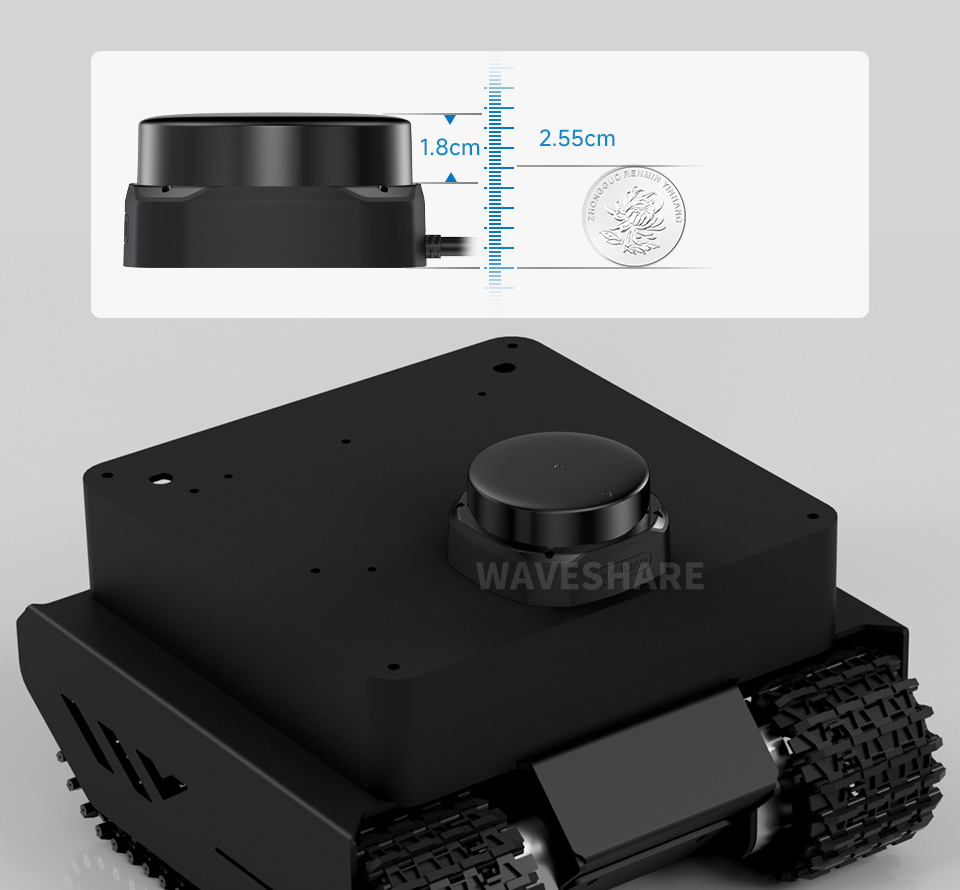 RPLIDAR S2 高性能紧凑型 DTOF 激光雷达，雷达顶部扫描区域高度仅为18mm，小巧易内嵌，可大幅缩小机器人雷达区域开口高度。不影响机器人整体外观设计，具备超高线条感与科技感
