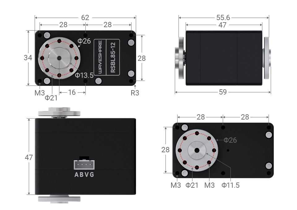 85KG.cm 金属串行总线伺服电机产品尺寸