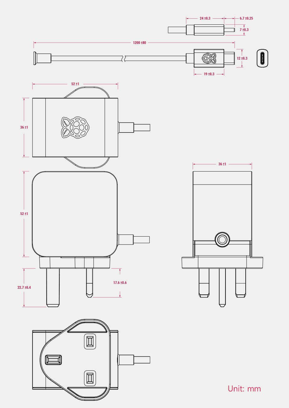 27W USB Type-C 电源英规 (UK) 尺寸