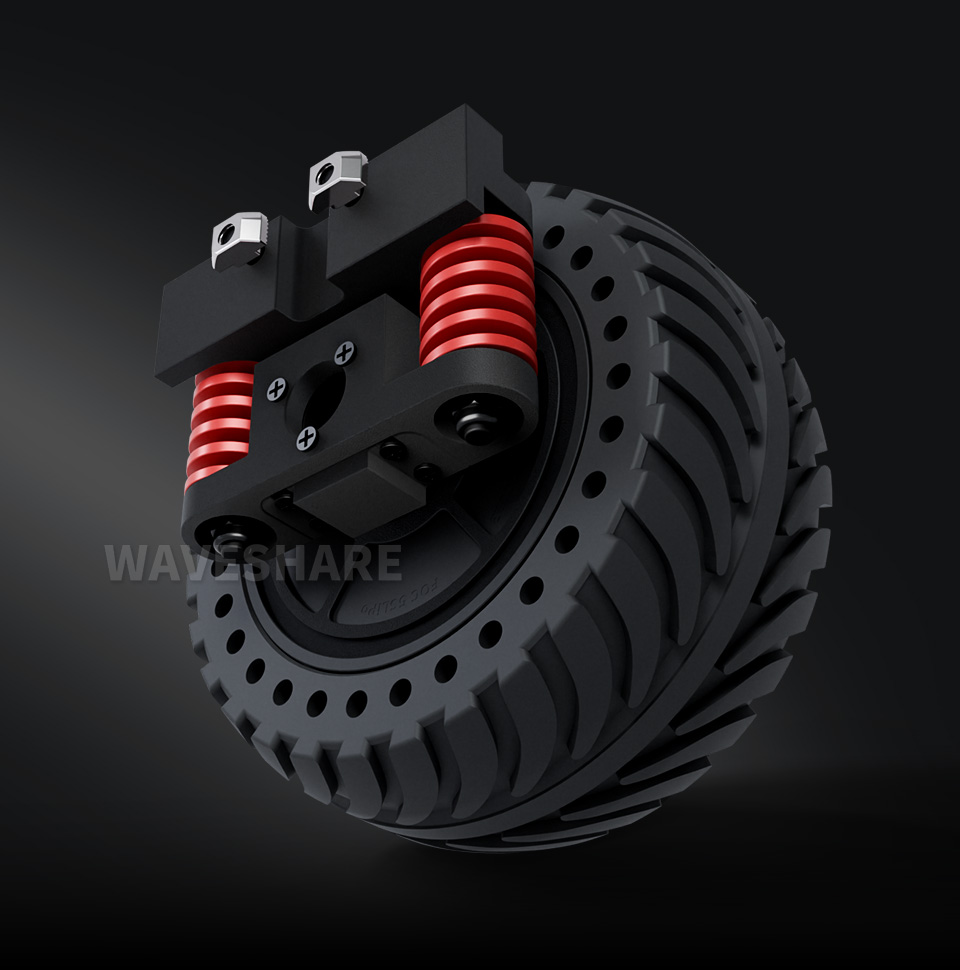 全金属紧凑型UGV悬挂，搭配DDSM115轮毂电机效果图，黑色场景