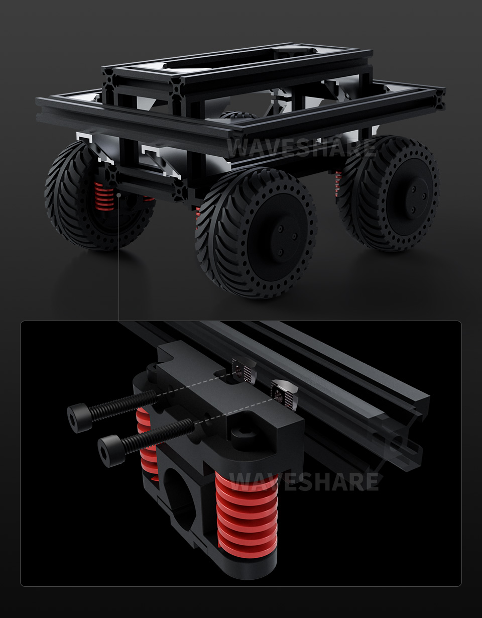 全金属紧凑型UGV悬挂使用在型材底盘上，开源型材底盘，以及安装细节爆炸图