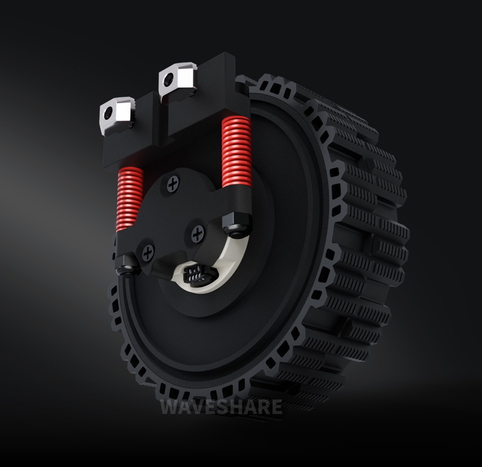 全金属紧凑型UGV悬挂，搭配DDSM210轮毂电机效果图，黑色场景