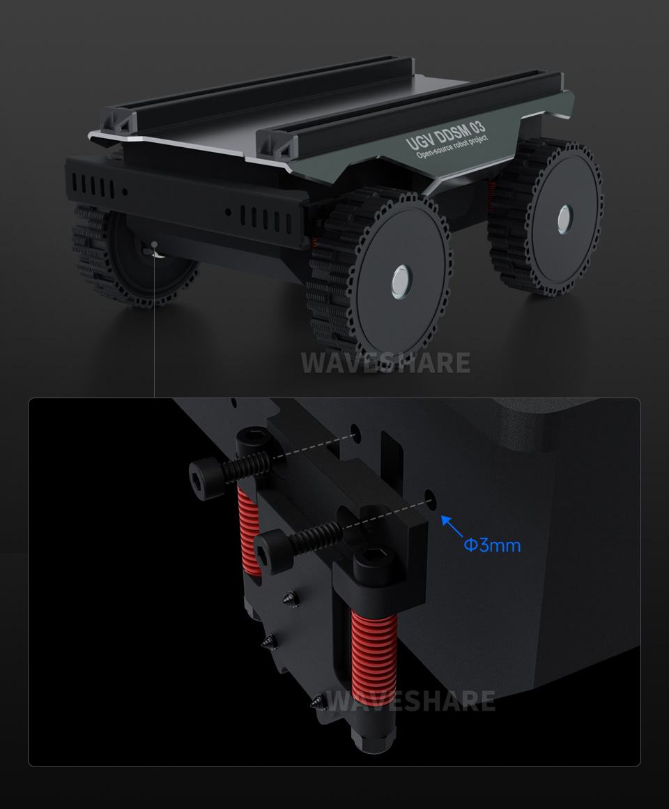 全金属紧凑型UGV悬挂便于搭建全封闭底盘，开源全封闭底盘模型，以及安装细节爆炸图