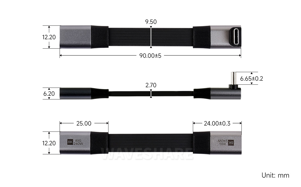 USB4 V2.0 全功能 Type-C 延长线产品尺寸