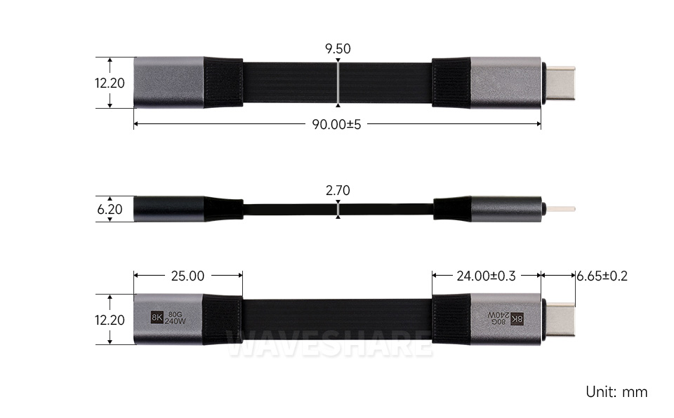 USB4 V2.0 全功能 Type-C 延长线产品尺寸
