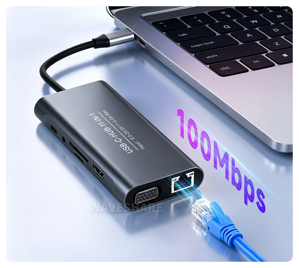 USB-C 11 合 1 扩展坞展示图，有线网络连接，稳定可靠