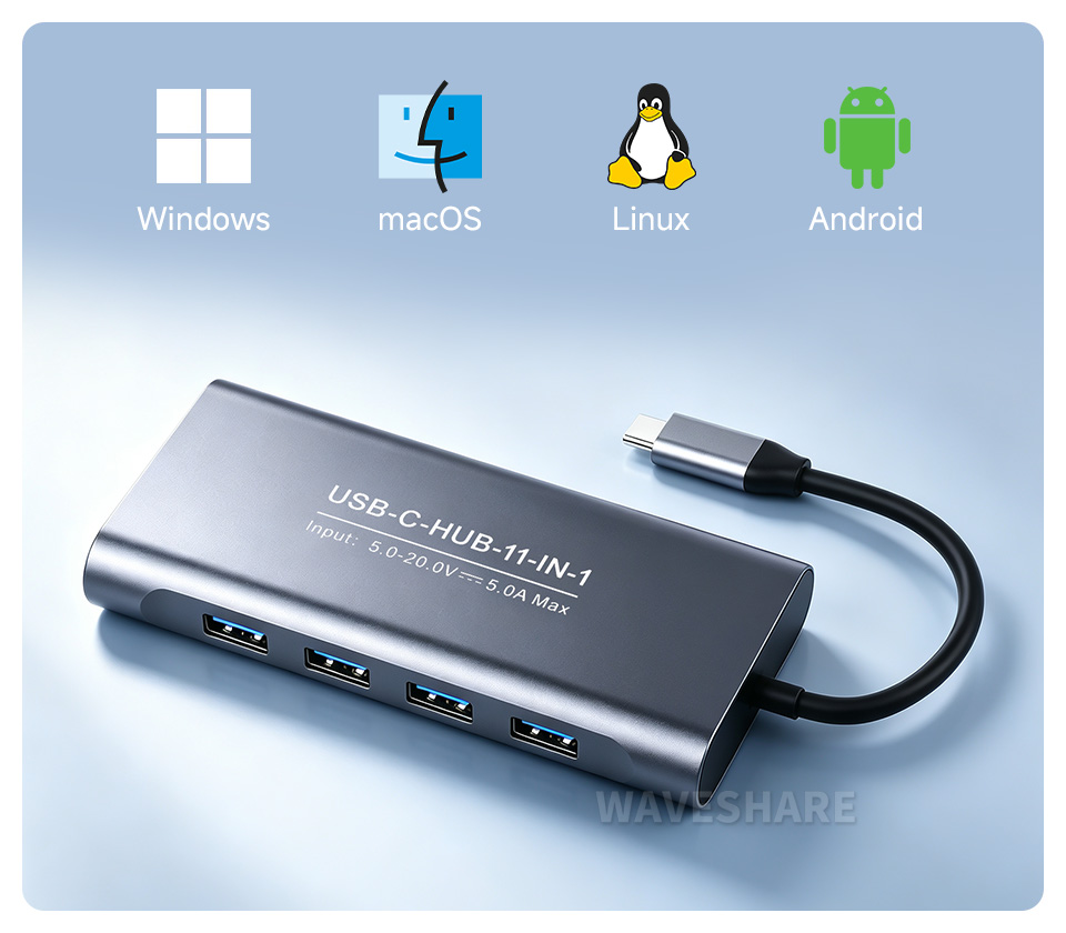 USB-C 11 合 1 扩展坞展示图，即插即用，兼容多种操作系统