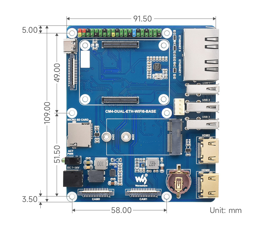 树莓派 CM4 WIFI6 双网口扩展板外形尺寸