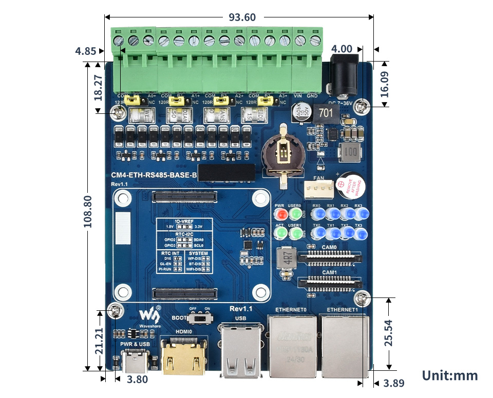 树莓派CM4双网口四路RS485扩展板尺寸