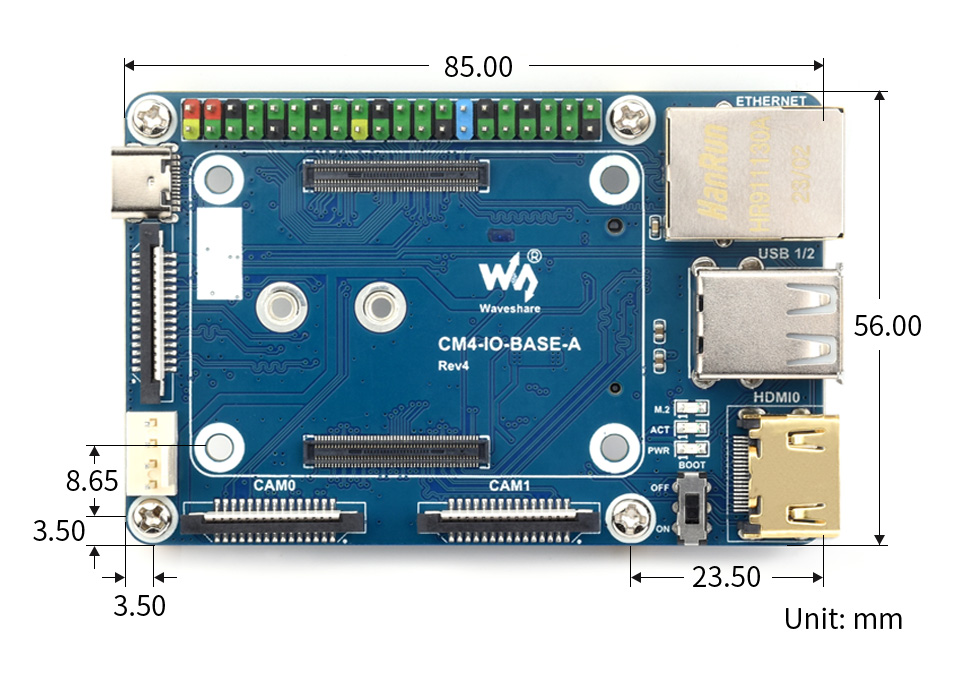 树莓派 CM4 基础扩展板产品尺寸