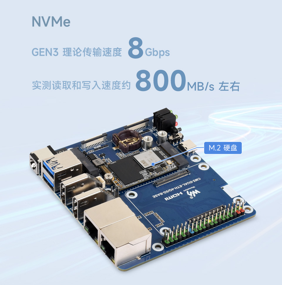 树莓派 CM5 双网口扩展板支持 M.2 NVMe 硬盘