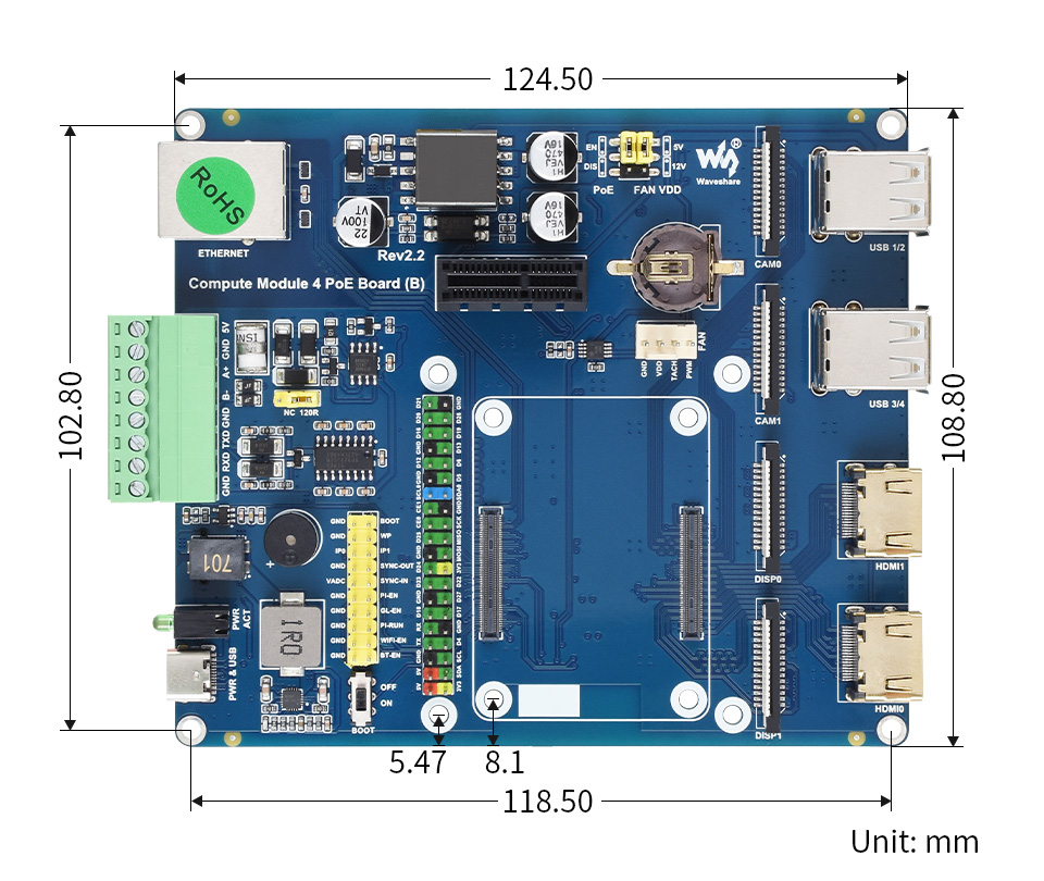 树莓派 CM4 PoE 扩展板外形尺寸
