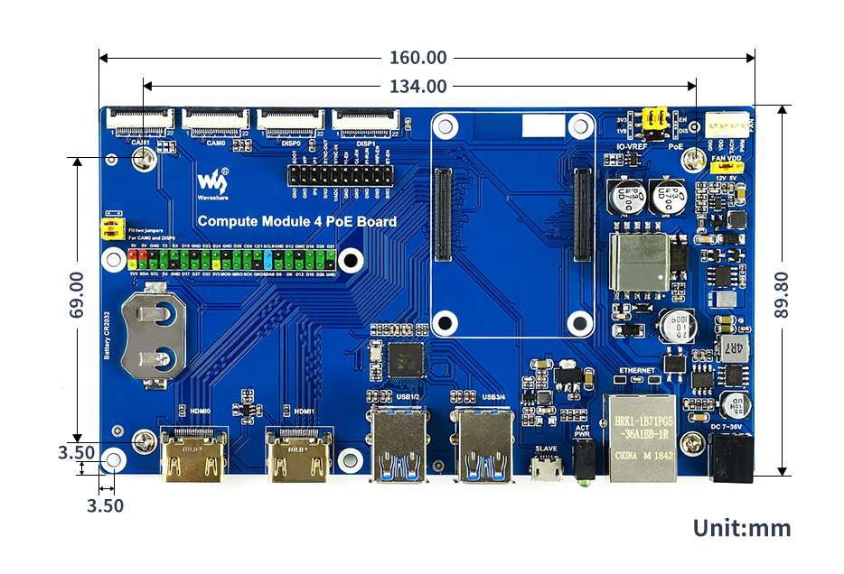 树莓派 CM4 PoE 扩展板外形尺寸
