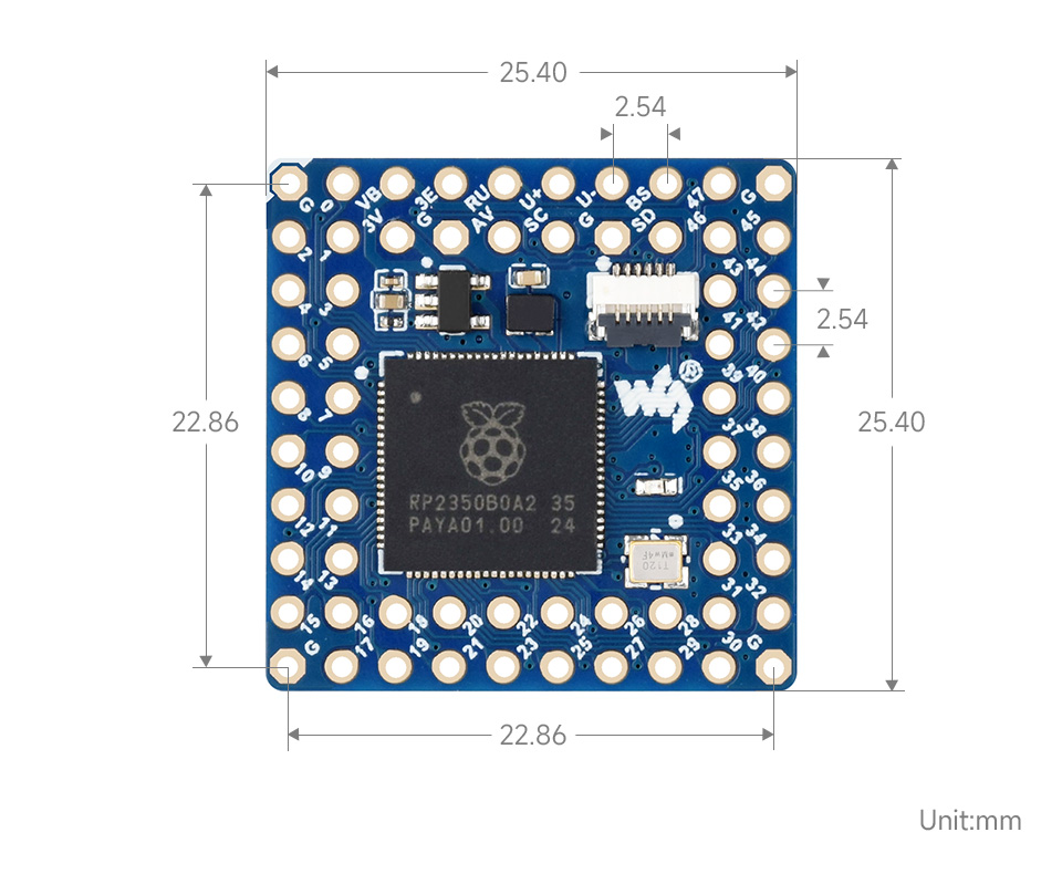微雪 RP2350 微控制器开发板产品尺寸