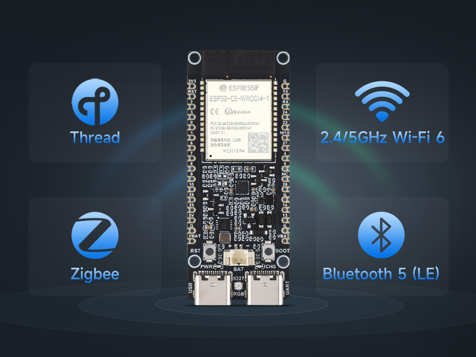 ESP32-C5 双频 Wi-Fi 6 开发板支持双频 Wi-Fi 6 / BLE 5 / Thread / Zigbee