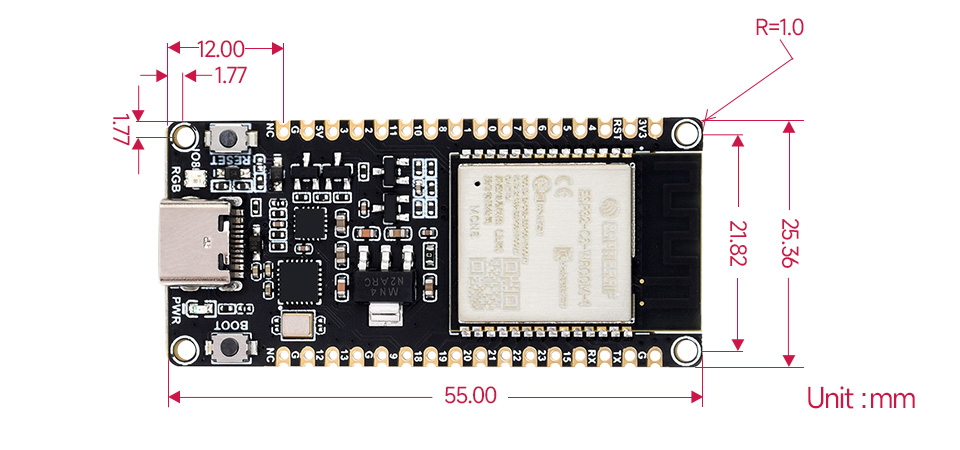 微雪 ESP32-C6 微控制器 Wi-Fi 开发板产品尺寸