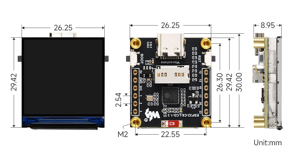 ESP32-C6 1.3 英寸 LCD 屏开发板产品尺寸
