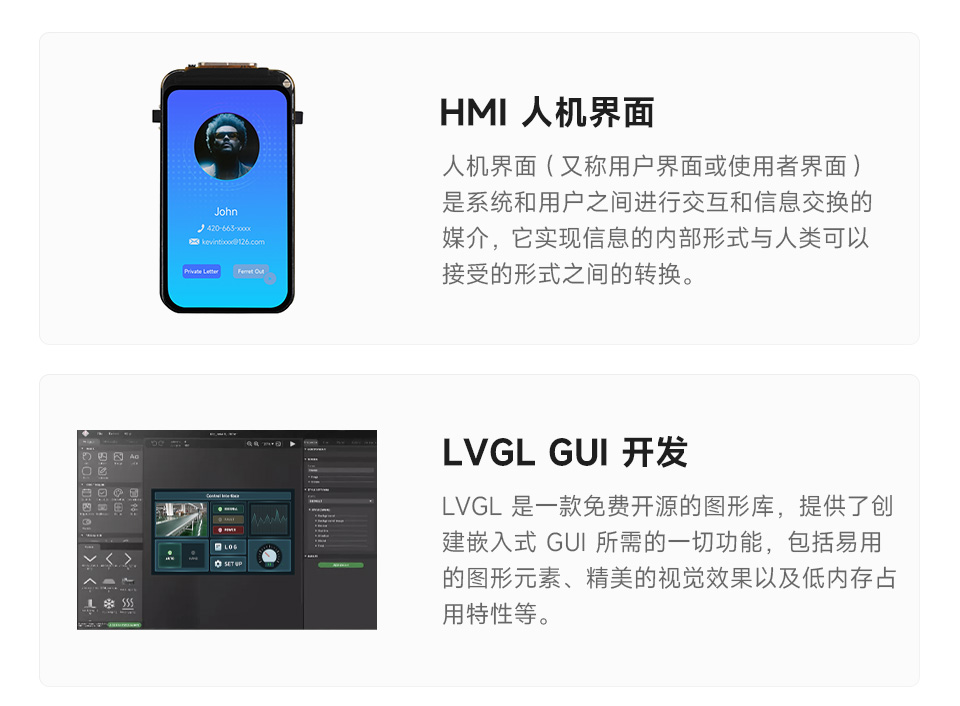 ESP32-S3 4英寸电容触控屏开发板的应用场景，分别介绍了多元输出场景，HMI人机界面场景，和LVGL GUI开发场景