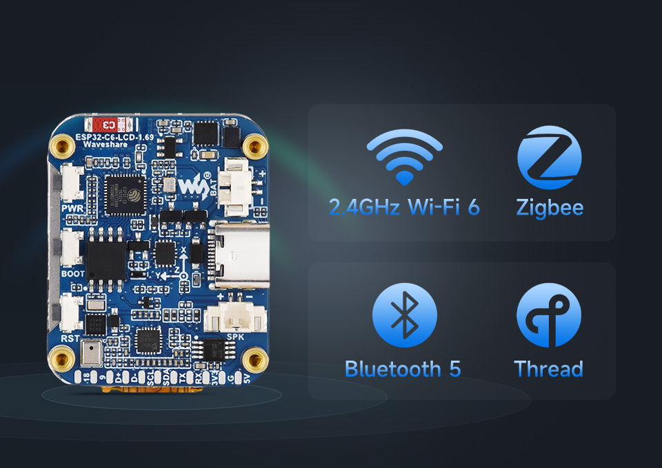 三个ESP32-C6 1.69 英寸 LCD 开发板并列，并展示不同视角及IPS屏幕软件