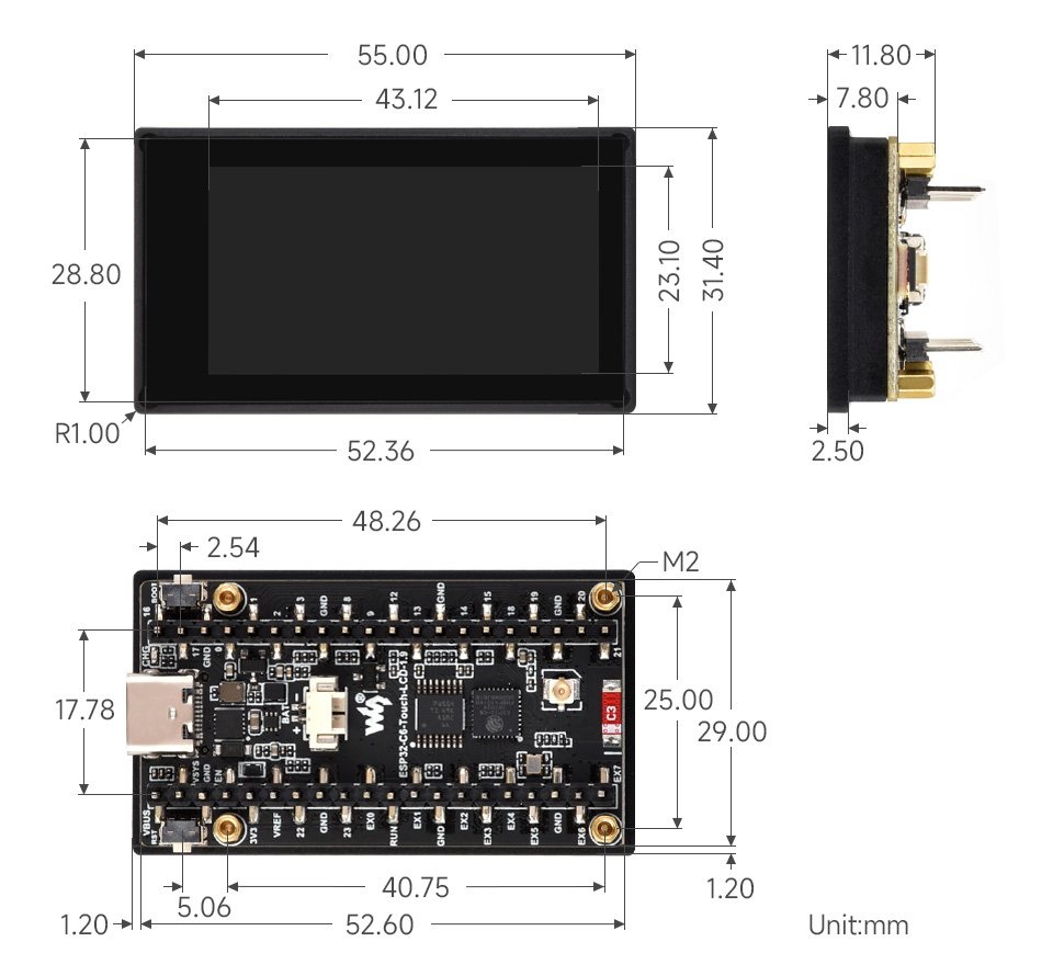 ESP32-C6 4 英寸电容触控屏开发板产品尺寸