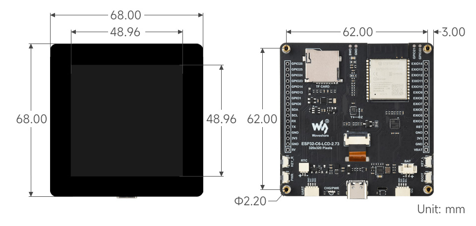 ESP32-C6 2.73 英寸触摸液晶开发板产品尺寸