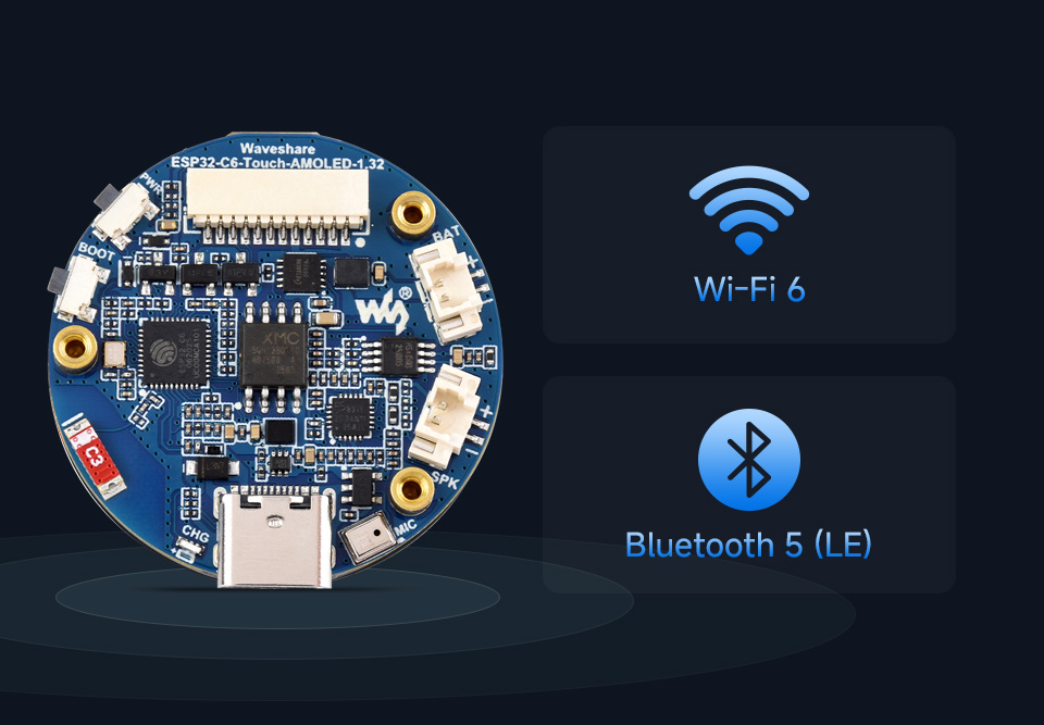 ESP32-C6-Touch-AMOLED-1.32 英寸开发板，支持 Wi-Fi 6 和 BLE 5