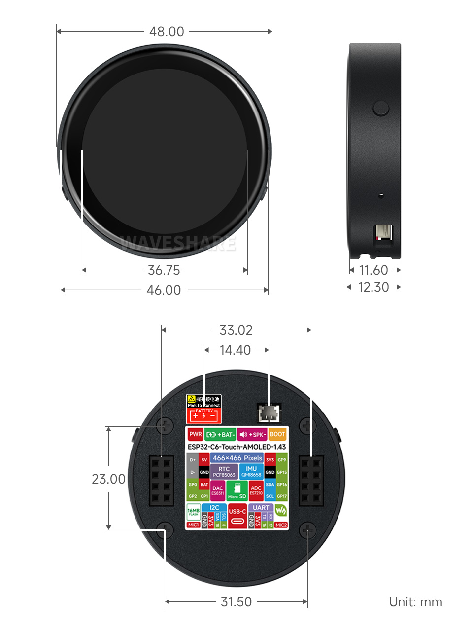 ESP32-C6 1.43 英寸 AMOLED 开发板产品尺寸