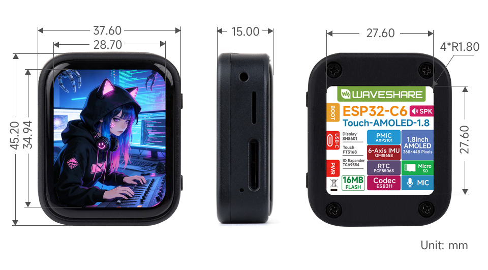 ESP32-C6-Touch-AMOLED-1.8 英寸液晶开发板产品尺寸