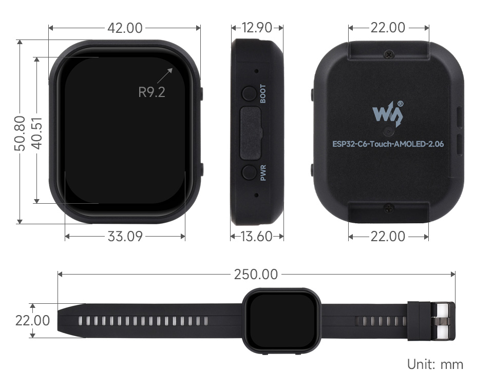 ESP32-C6-Touch-AMOLED-2.06 英寸开发板产品尺寸
