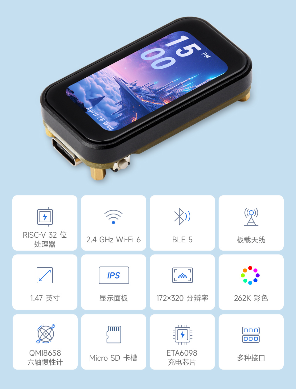ESP32-C6-Touch-LCD 亮屏主图背景蓝色 LX7双核处理器 2.4GHz Wi-Fi BLE 5 板载天线 IPS 1.47 英寸 显示面板 172x320 分辨率 262K 彩色 16MB Flash Micro SD卡槽 ETA6098 充电芯片 多种接口