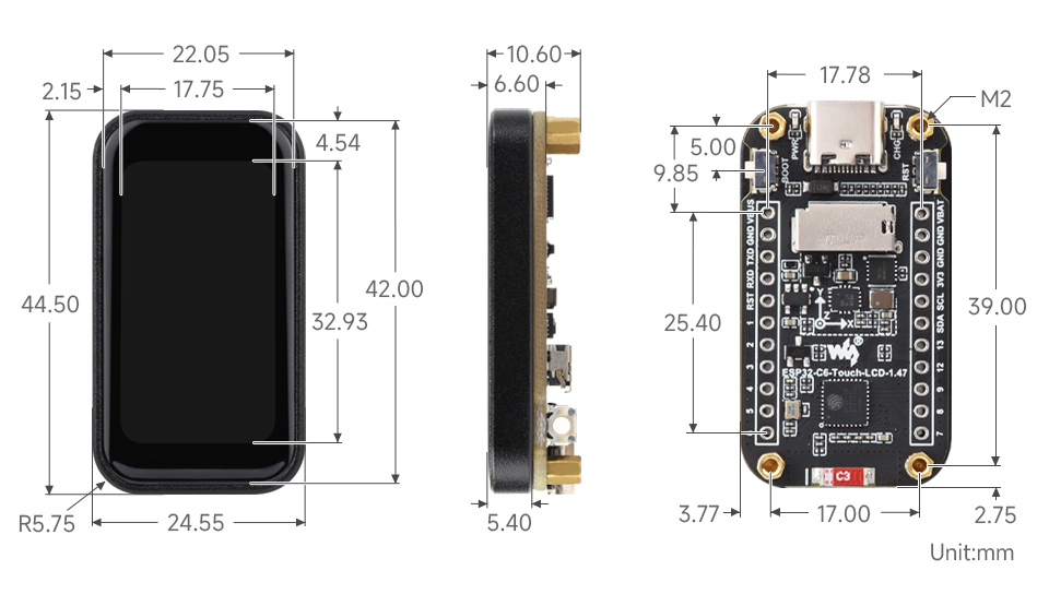 ESP32-C6-Touch-LCD 开发板产品尺寸