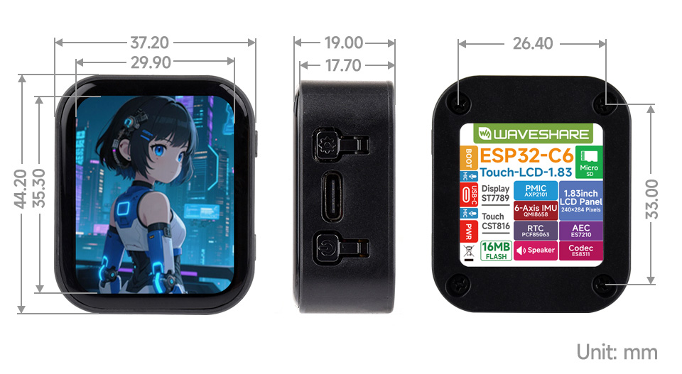 ESP32-C6-Touch-LCD-1.83 英寸液晶开发板产品尺寸