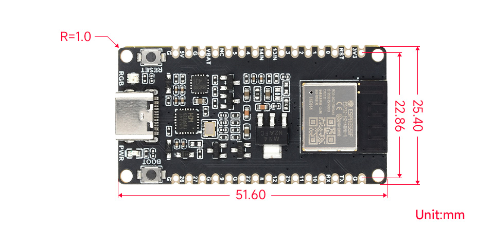 ESP32-H2 微控制器开发板产品尺寸