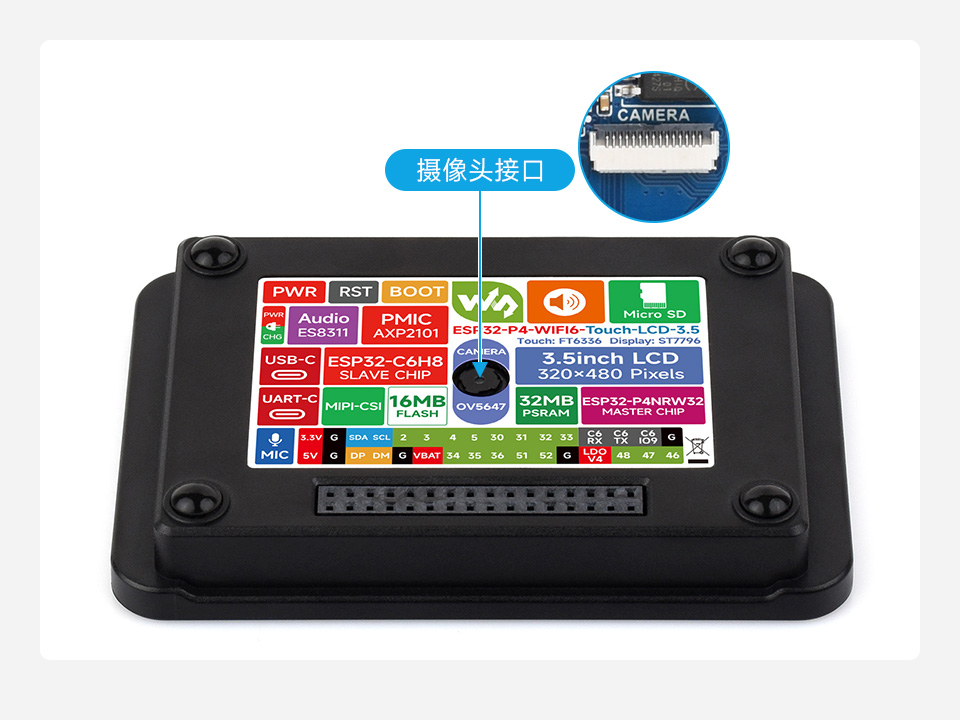 三个ESP32-P4 3.5 英寸电容触控屏开发板配套500 万像素 OV5647 摄像头
