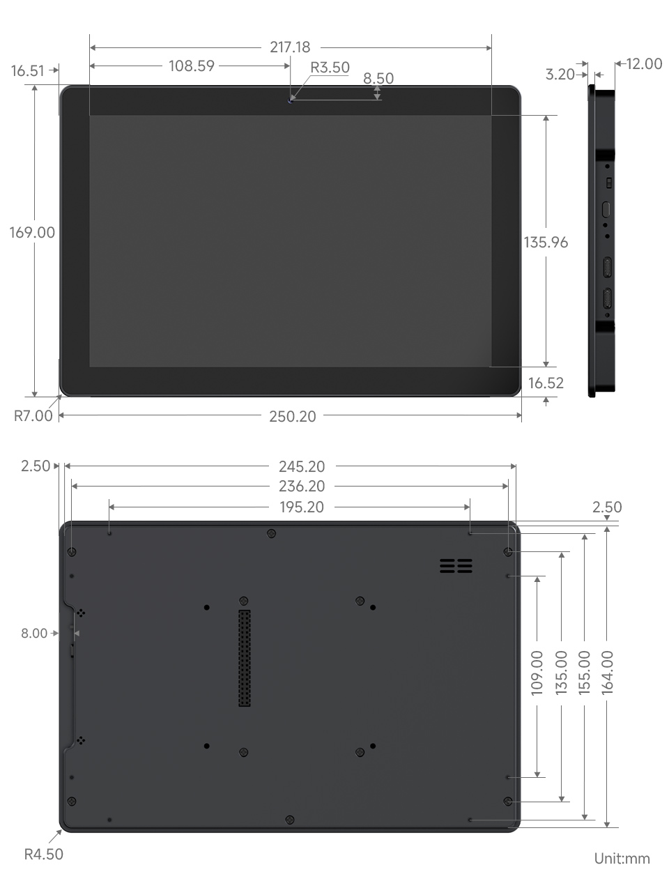ESP32-P4-WIFI6 10.1 英寸触摸屏开发板产品尺寸图