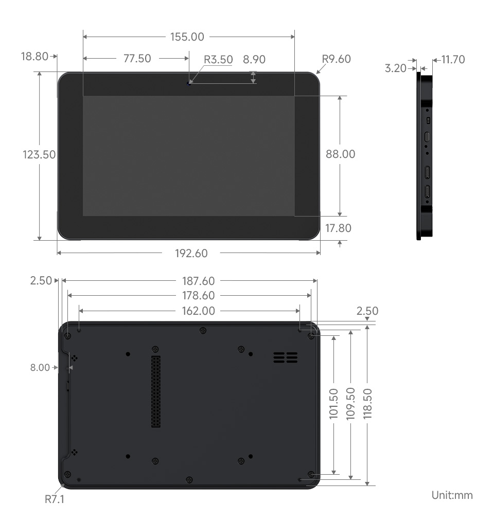 ESP32-P4-WIFI6 7/8/10.1 英寸触摸屏开发板产品尺寸图